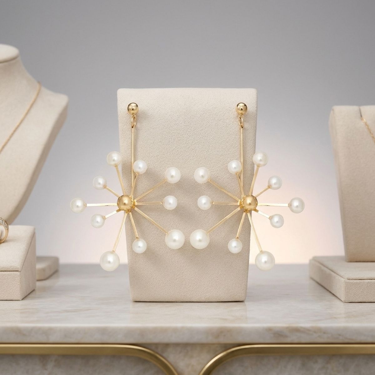 Drop Modern Cream Pearl Starburst Gold Earrings