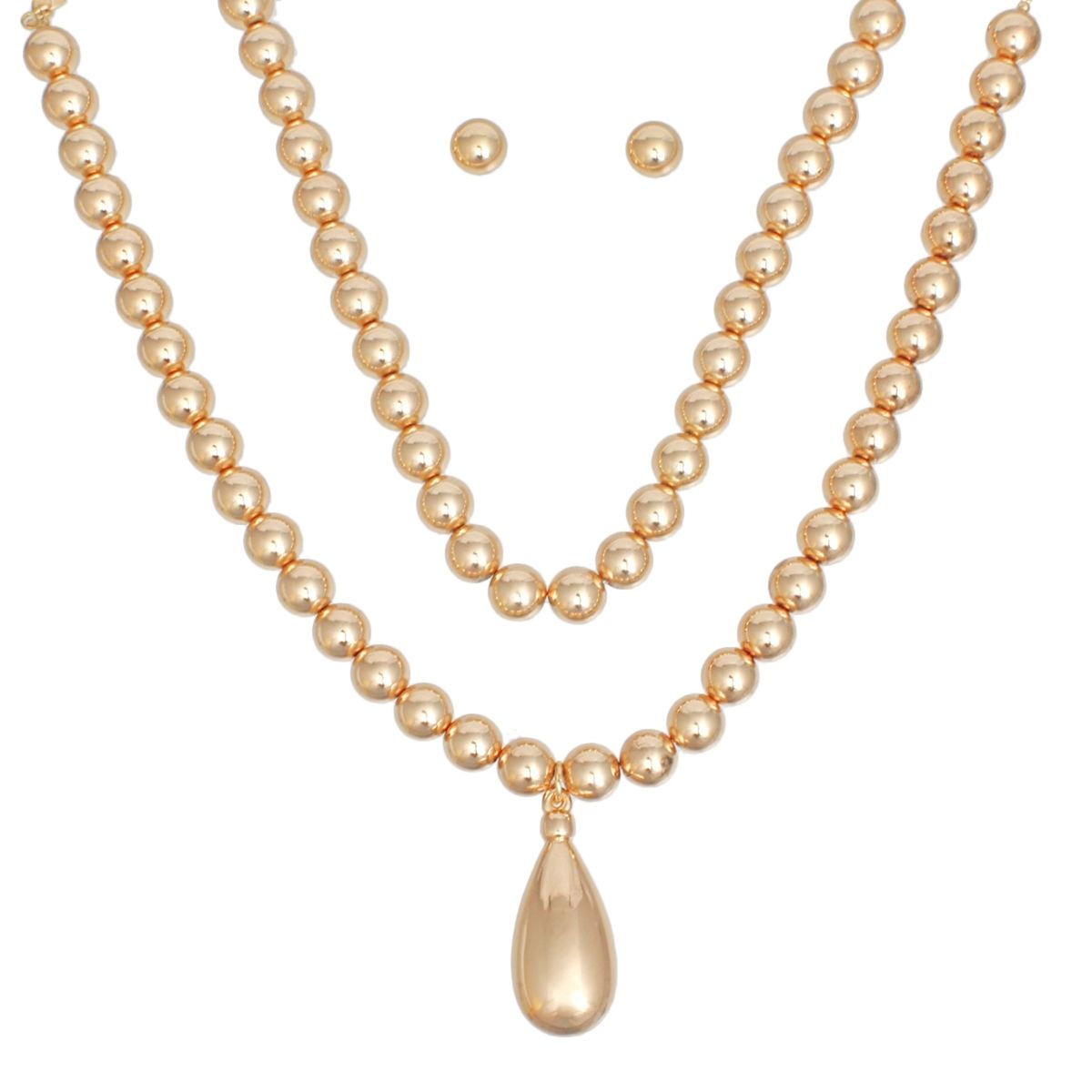 Beaded Gold Teardrop Pendant Double Necklace Set