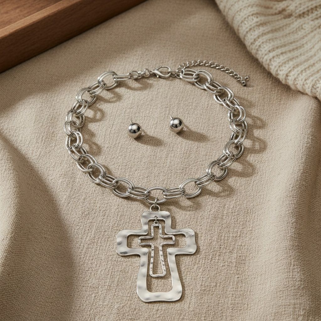 Chain Silver Double Oval Link Double Cross Necklace