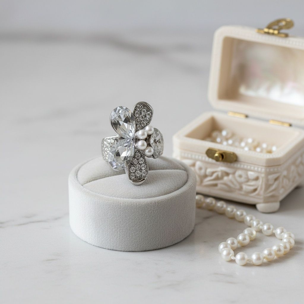 Cocktail Ring Silver Teardrop Crystal Flower Design