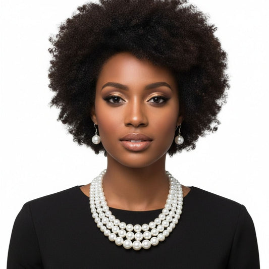 White Pearl 3-Strand Rhodium-Plated Necklace Set