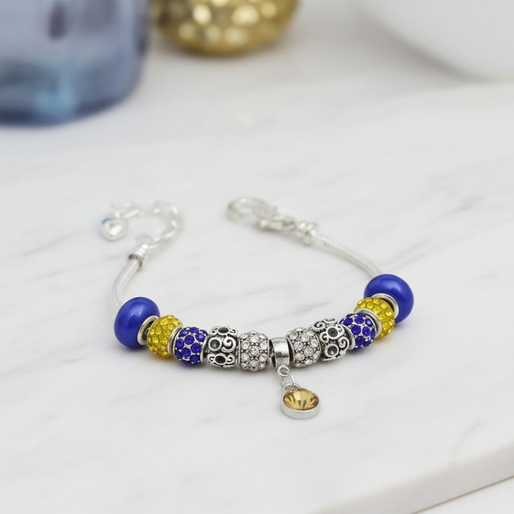Pandora Style Blue Gold Charm Women's Bracelet