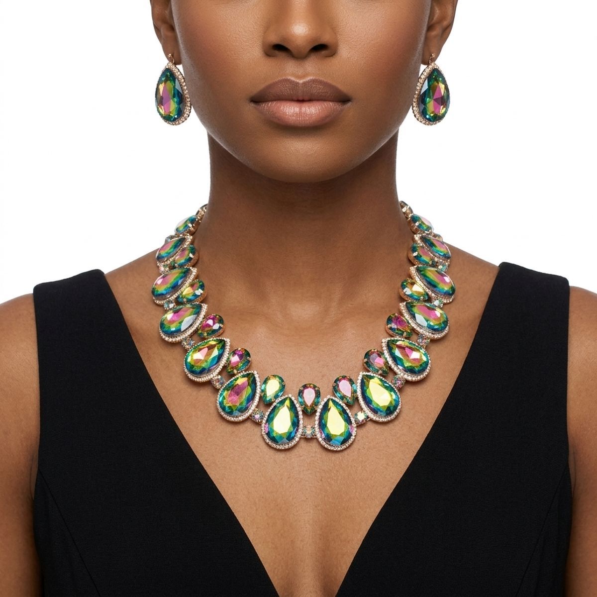 Pink Green Glass Teardrop Crystal Collar Necklace