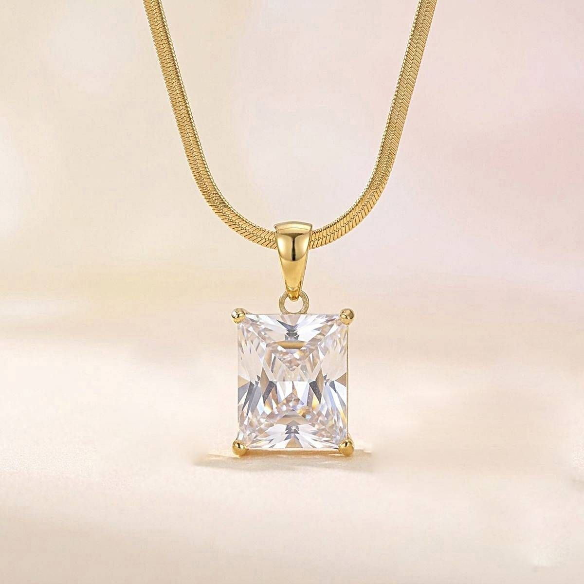 18k Gold Steel Radiant Cut CZ Pendant Necklace