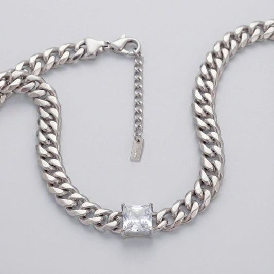 Stainless  Steel Princess CZ Cuban Chain Necklace