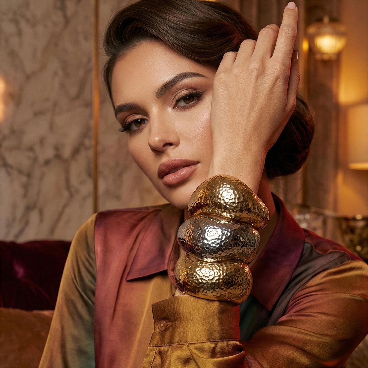 Bangle Hammered Gold Wavy Chunky Bracelet