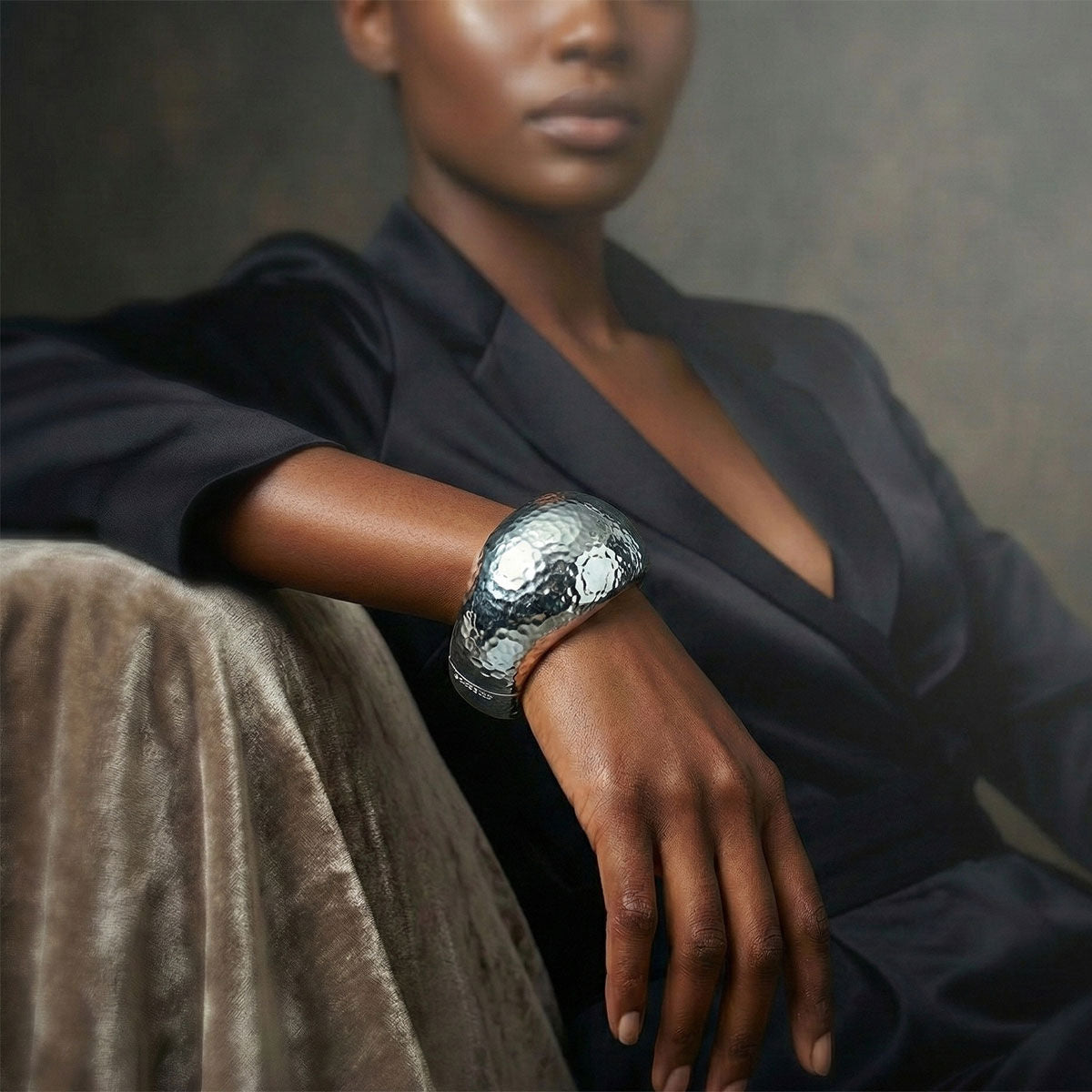 Bangle Hammered Silver Wavy Chunky Bracelet