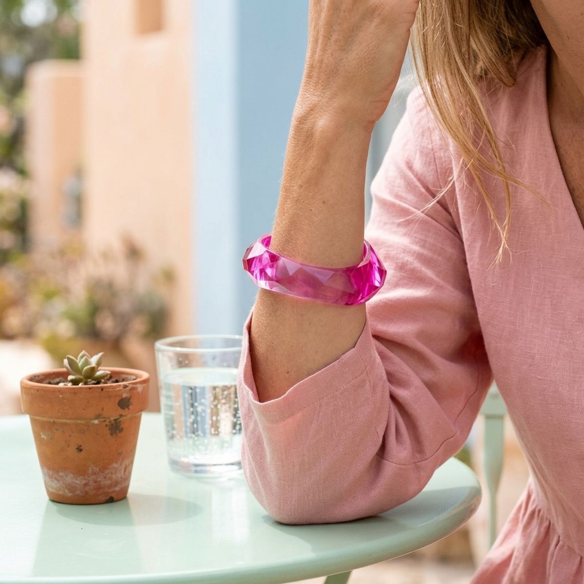 Bangle Transparent Pink Prism Wave Facet Bracelet