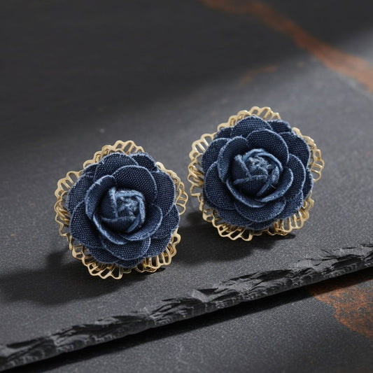Stud Die Cut Gold and Blue Denim Rose Earrings