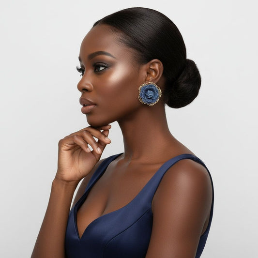Stud Die Cut Gold and Blue Denim Rose Earrings