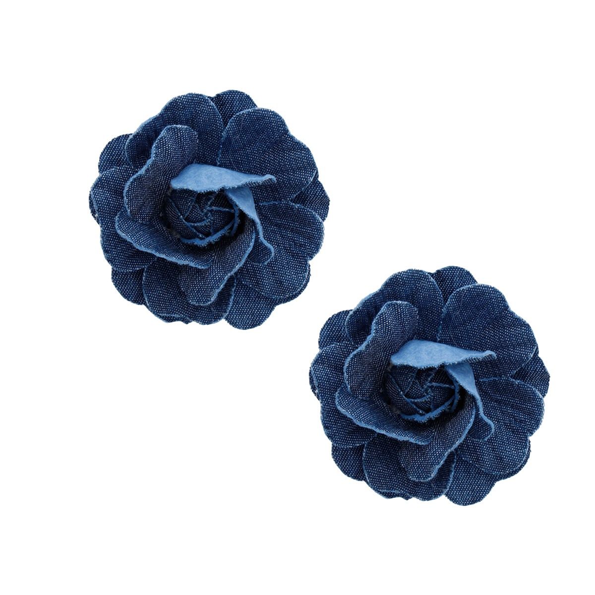 Stud Dark Blue Denim Large 3D Flower Earrings