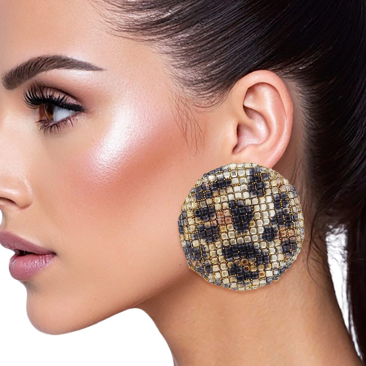 Stud Leopard Mosaic Rhinestone Disc Earrings