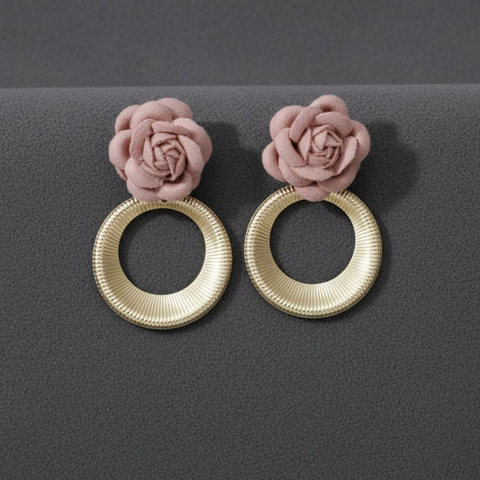 Drop Pale Pink Rose Felt Petal Ribbed Ring Earrings