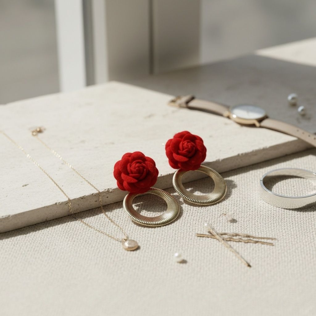 Drop Red Rose Felt Petal and Ribbed Ring Earrings