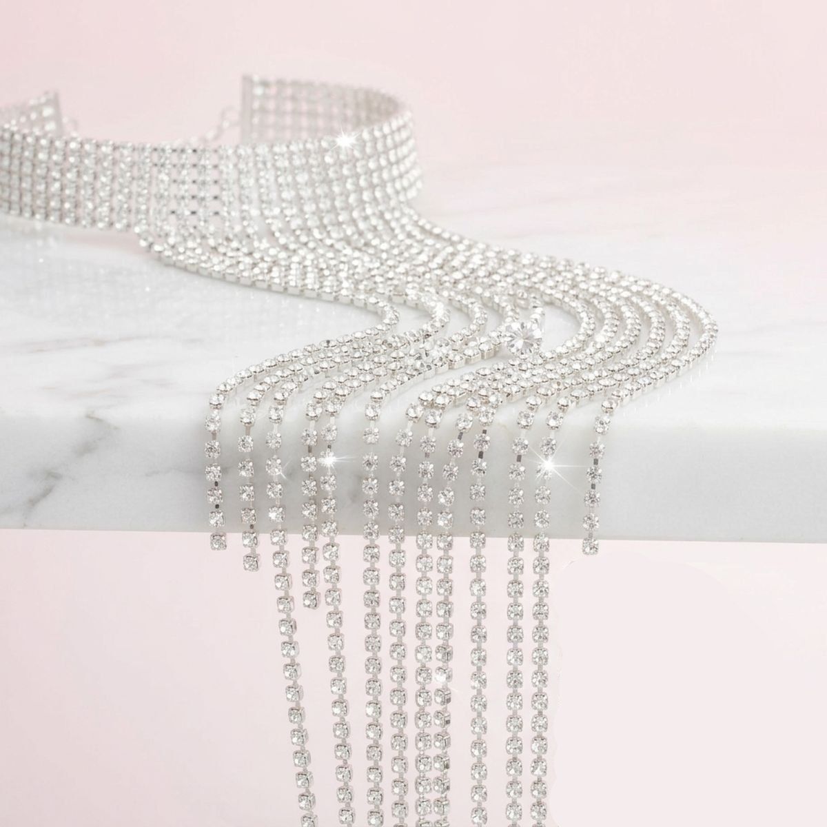 Long Silver Fringe Choker Necklace with Rhinestones