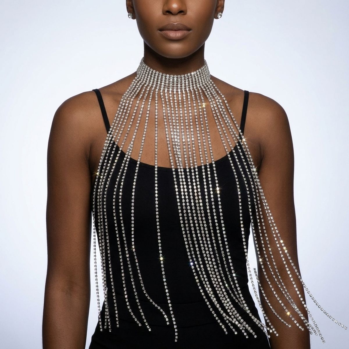 Long Silver Fringe Choker Necklace with Rhinestones