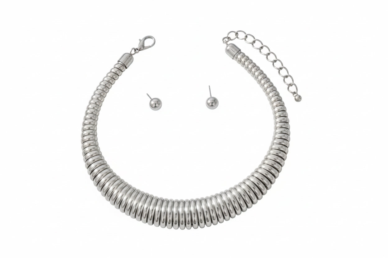 Choker Thick Coiled Silver Metal Spring Necklace