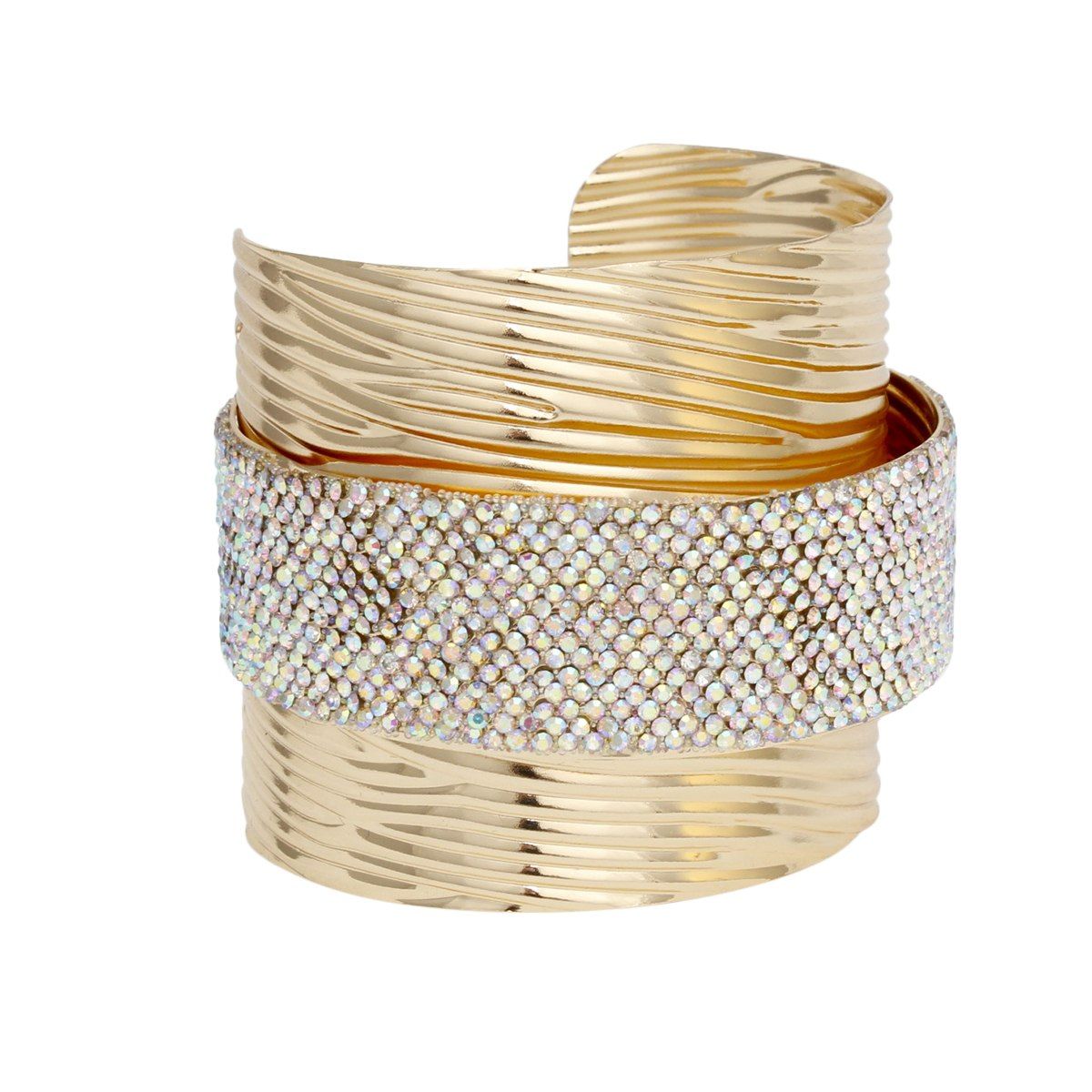 Cuff Gold Ribbed Aurbo Rhinestone Band Bracelet