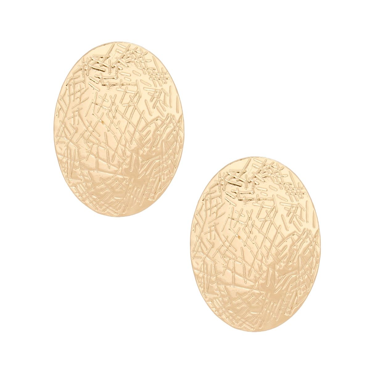 Stud Gold Metal Scratched Oval Plate Earrings