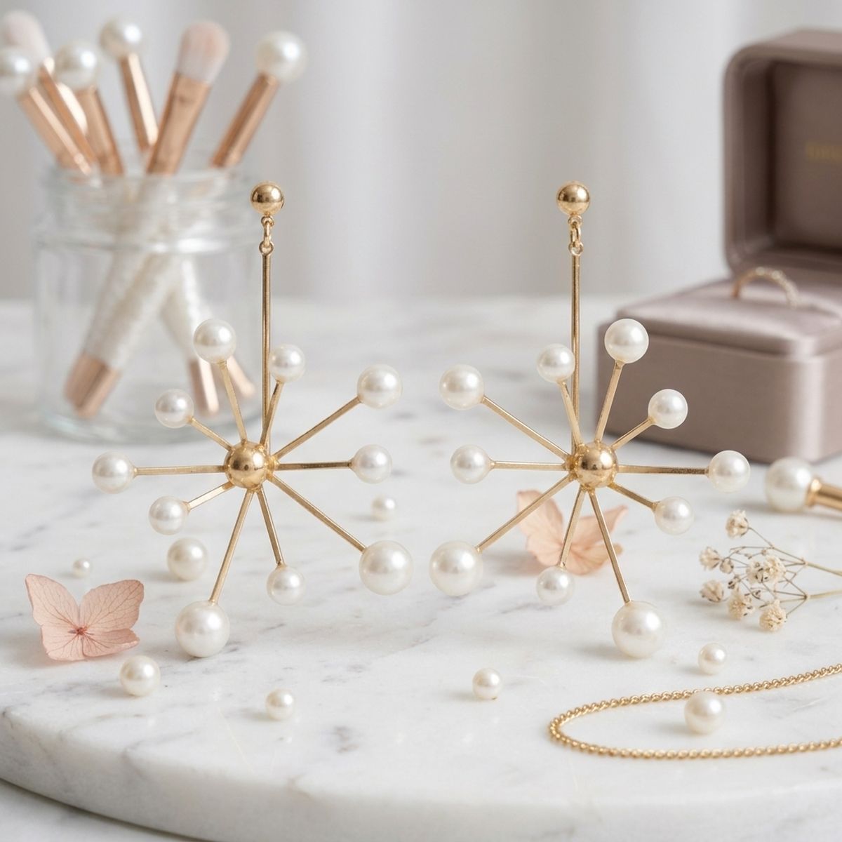Drop Modern Cream Pearl Starburst Gold Earrings