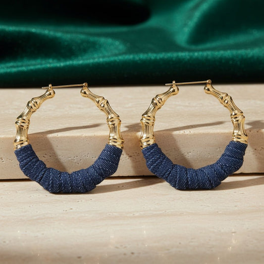 Hoop Denim Jeans Gold Bamboo Texture Earrings