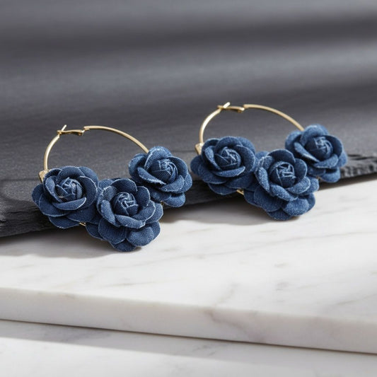 Hoop Denim Jeans Triple Rose Flowers Gold Earrings