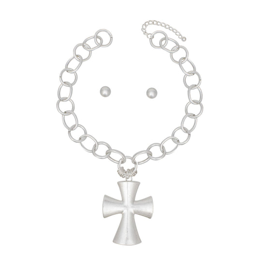 Pendant Chunky Matte Silver Cross Chain Necklace