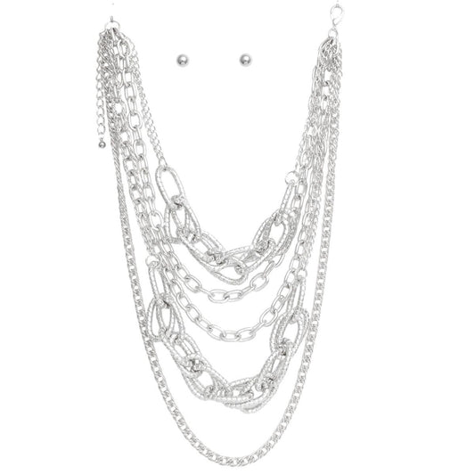 Layered Chain Silver Multi Link 5 Strand Necklace