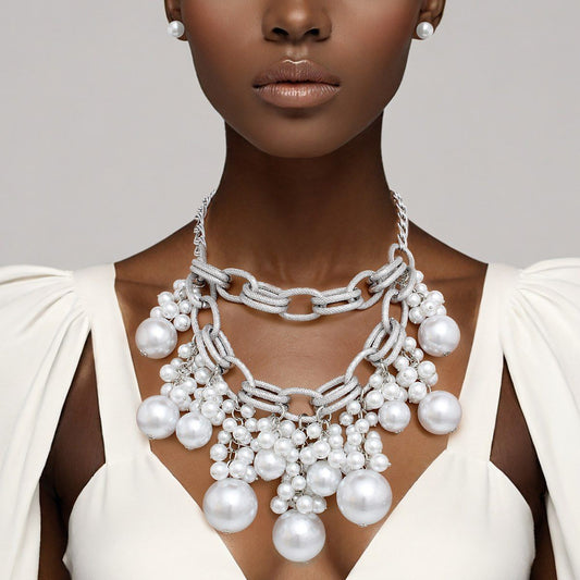 Bib Dreamy Drop White Pearl Silver Chain Necklace