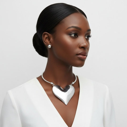 Choker Silver Smooth Polished XL Heart Pendant Set