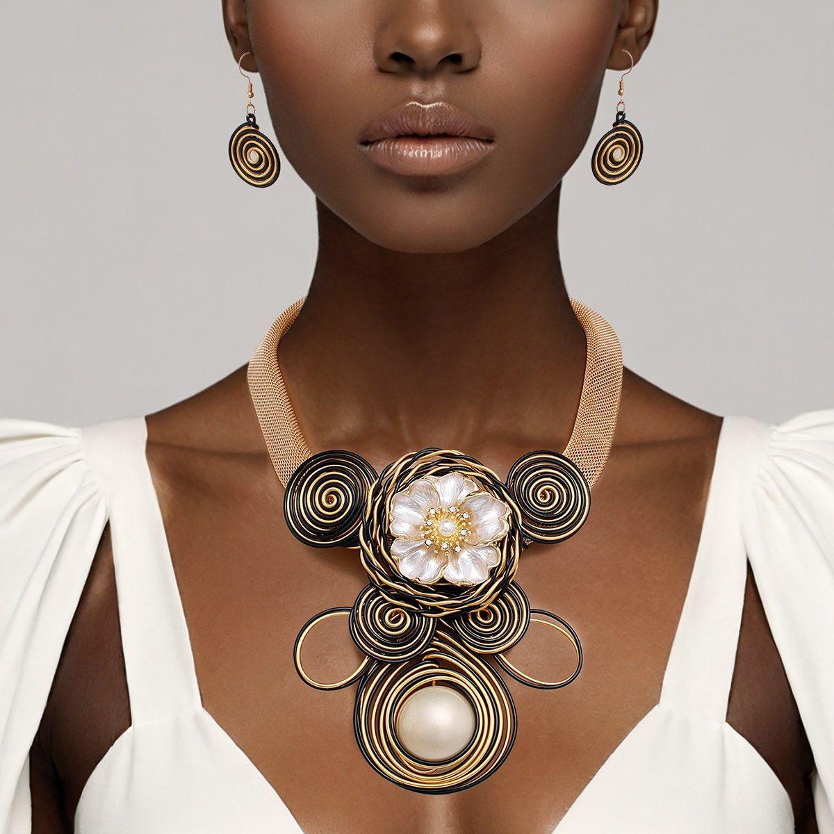 Bib Elaborate Black Gold Wire Regal Flower Necklace