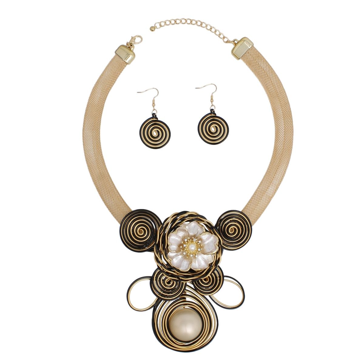 Bib Elaborate Black Gold Wire Regal Flower Necklace
