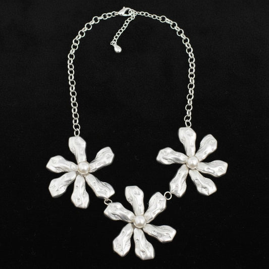 Bib Matte Silver Chunky Floral Organic Necklace