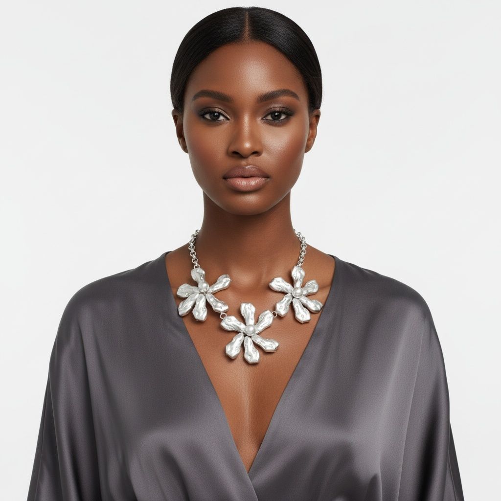 Bib Matte Silver Chunky Floral Organic Necklace