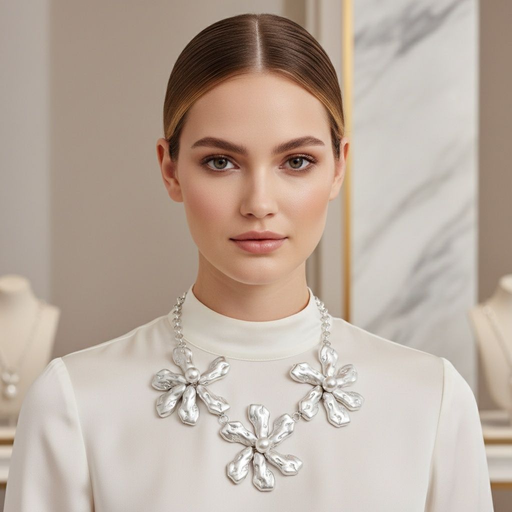 Bib Matte Silver Chunky Floral Organic Necklace