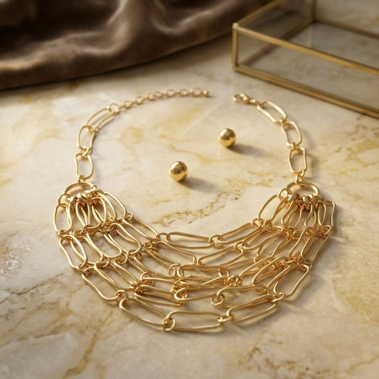 6 Row Gold Long Oval Link Layered Chain Necklace