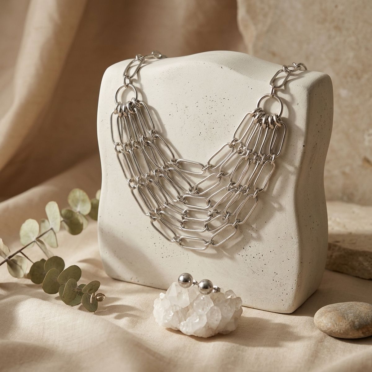 6 Row Silver Long Oval Link Layered Chain Necklace