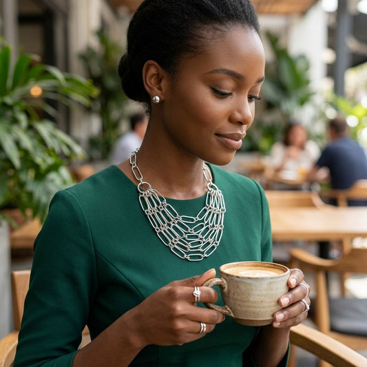 6 Row Silver Long Oval Link Layered Chain Necklace