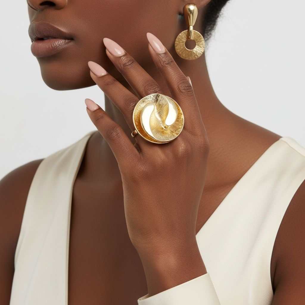 Cocktail Ring Large Gold 3D Yin-Yang Stretch Fit