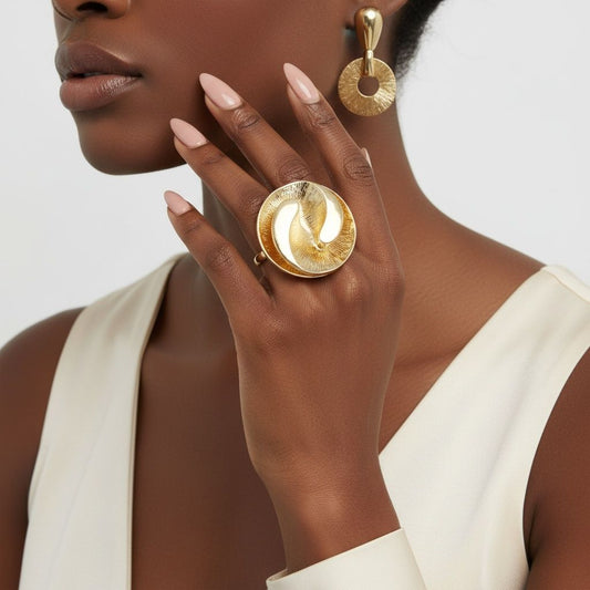 Cocktail Ring Large Gold 3D Yin-Yang Stretch Fit