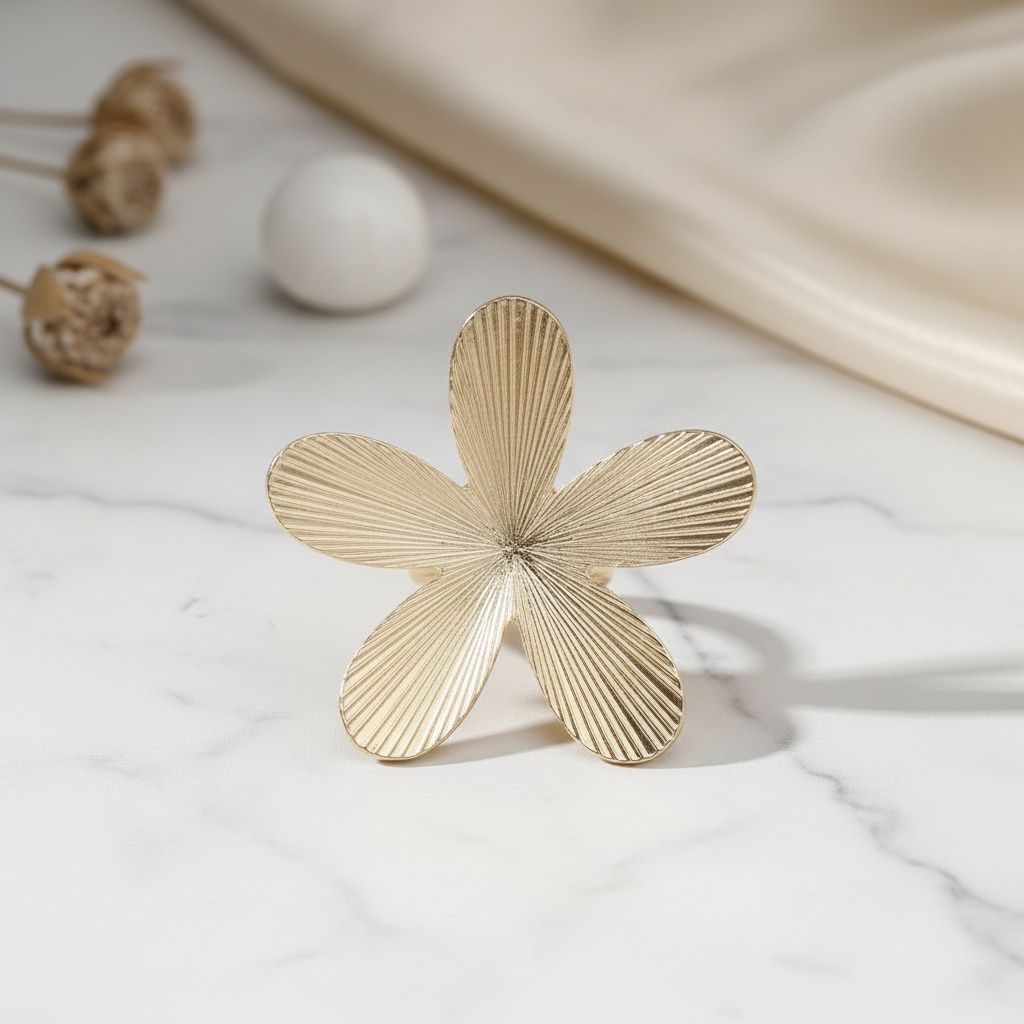 Cocktail Ring Large Gold Ribbed Petal Flower Ring