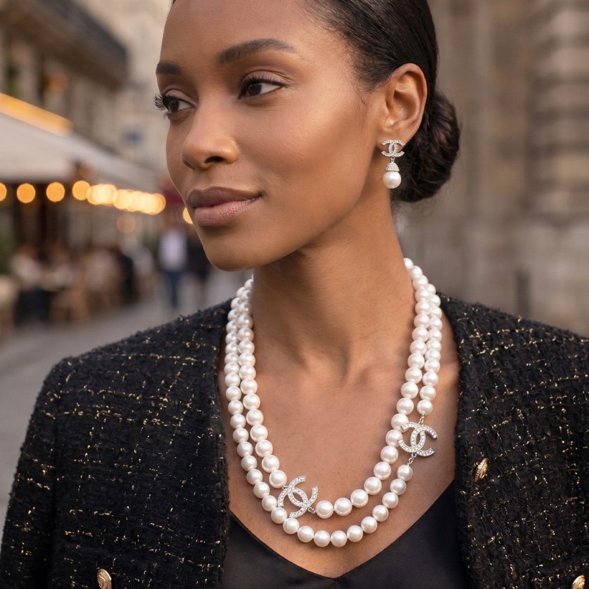 Parisian Long Cream Glass Pearl Charm Layer Set