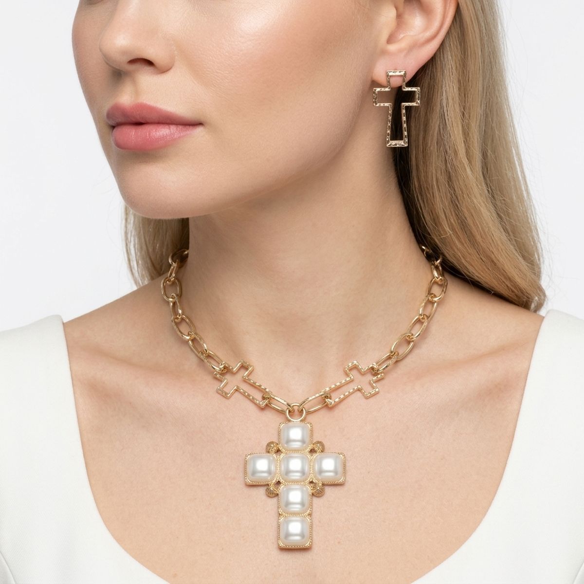 Cream Pearl Cross Pendant Gold Chain Necklace